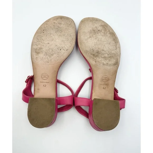 CHANEL Authentic Lambskin Fuchsia And Gold Color Thong Sandals Coco 42 US 11 - Picture 12 of 16